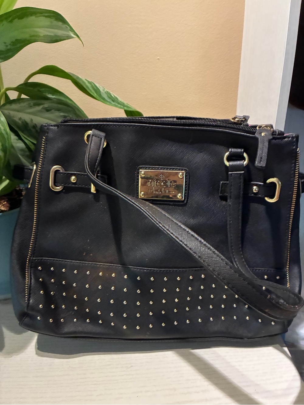 Nicole Miller Black Studded Shoulder Bag with Gold Hardware